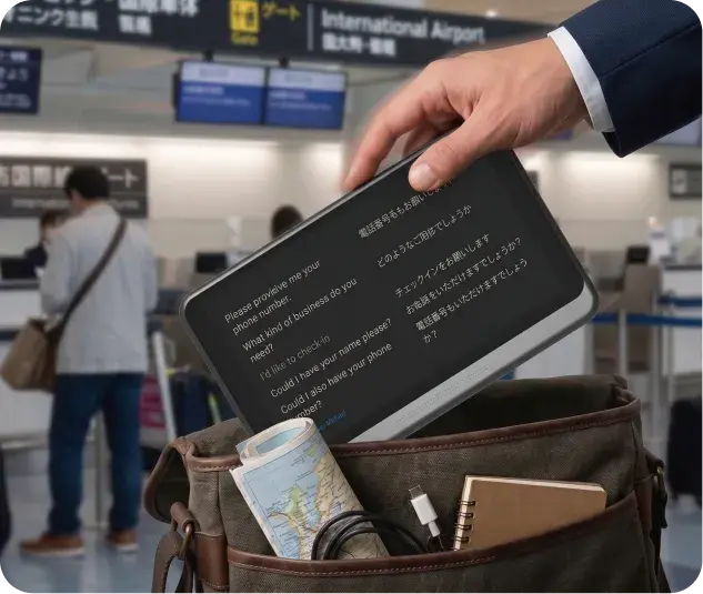 Taking Pocketalk Z out of a bag at an airport