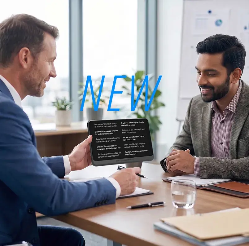 Two colleagues using Pocketalk Z face to face
